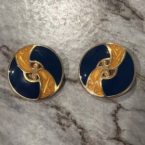 Vtg Edgar Berebi Navy And Gold Abstract Enamel Earrings 1980s Clip On 1"